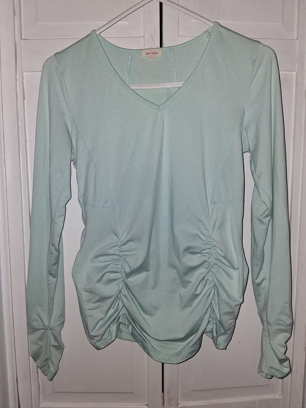 Pink Lotus Mint Green V-Neck Ruched Long Sleeve Top